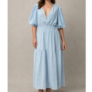 Cottagecore Blue Maxi Dress Puff Sleeve Prairie Boho Tiered Cottage XL